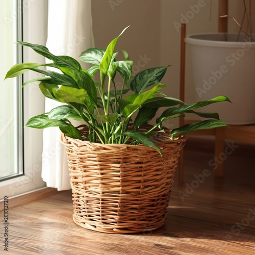 Houseplant in a Wicker Basket Near a Window With Wooden Floor in Bright Indoo...