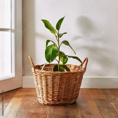 Houseplant in a Wicker Basket Near a Window With Wooden Floor in Bright Indoo...