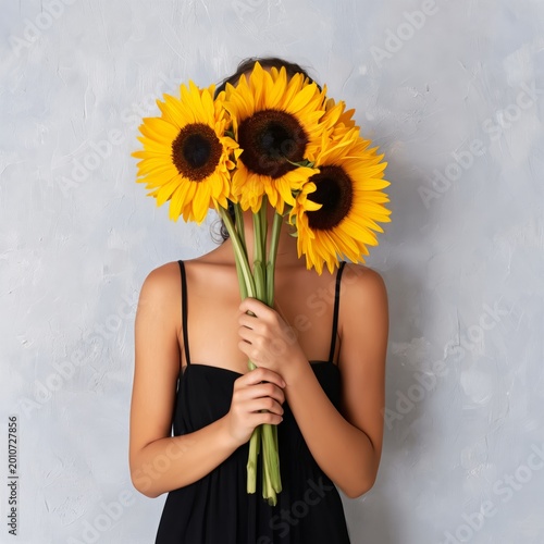 Model Holds Sunflowers in Front of Her Face in Indoor Setting With Gray Wall ...