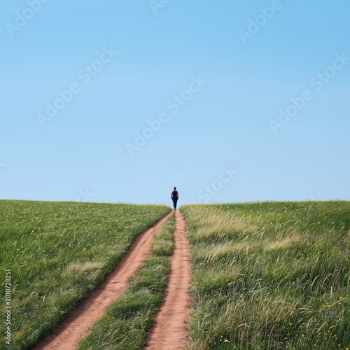 Person Walks Alone on a Dirt Path Through Green Fields Under a Clear Blue Sky