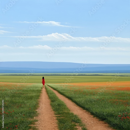 Person Walks Alone on a Dirt Path Through Green Fields Under a Clear Blue Sky