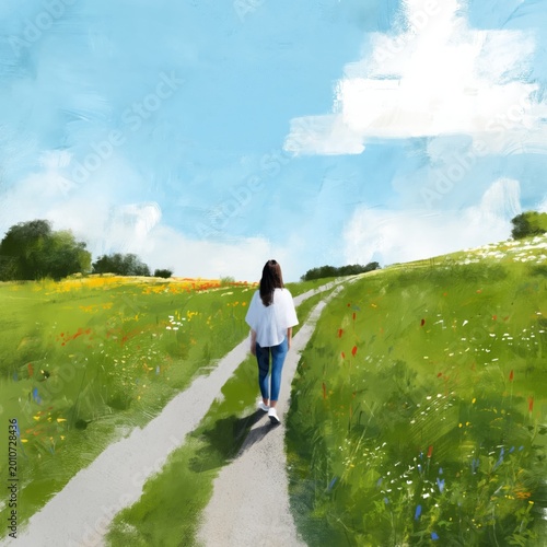 Woman Walks on Dirt Path Through Green Fields Under Clear Blue Sky