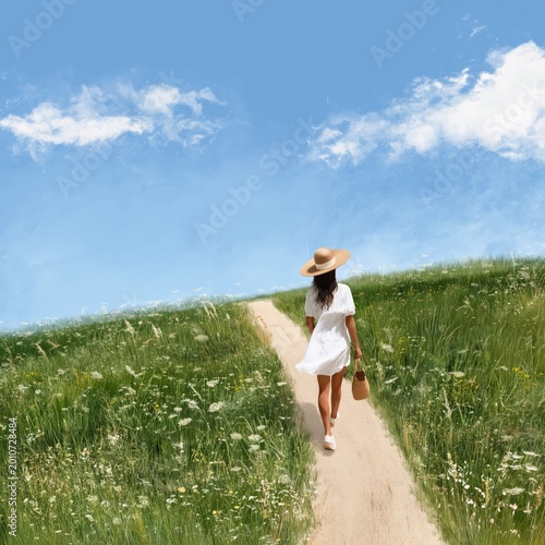 Woman Walks Down a Dirt Path in a Green Field Under a Blue Sky During Daylight