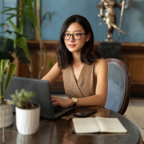 Woman Working on Laptop at a Desk With Plants and Sculpture in a Room During ...