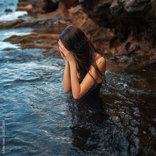 Young Woman Covers Her Face While Standing in Shallow Water by the Rocky Shor...