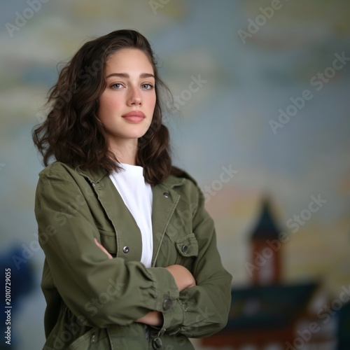 Young Person Standing With Arms Crossed in Front of Colorful Background Indoors