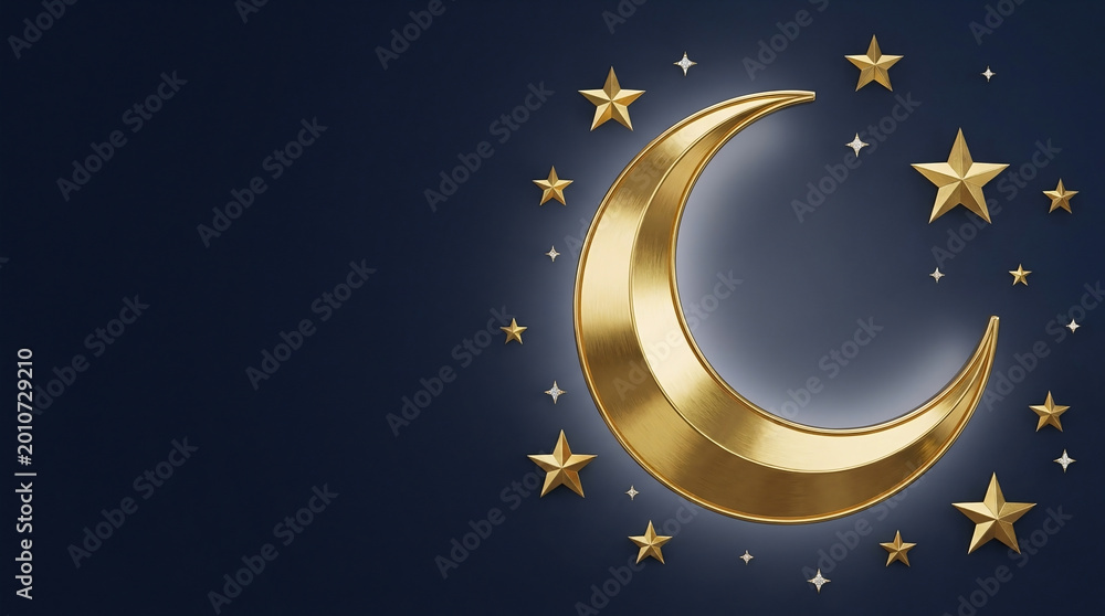 Naklejka premium Golden crescent moon and stars 3d render against dark blue background