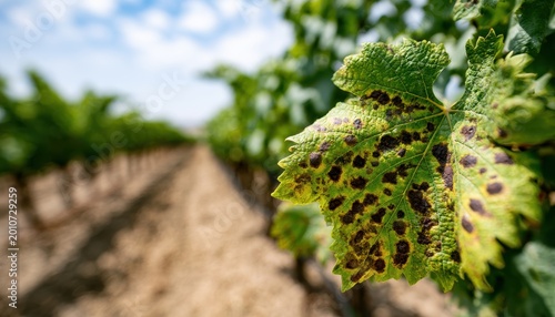 Close up of a diseased grapevine leaf with dark brown spots showing signs of fungal infection or blight in a vineyard row during a bright sunny day in the summer season