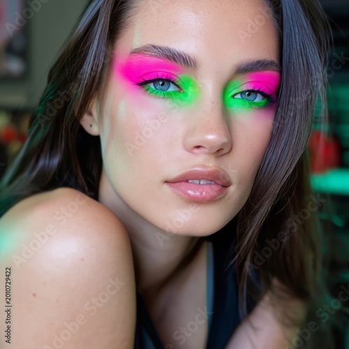 Model Poses With Bright Makeup in a Modern Studio Surrounded by Colorful Lights
