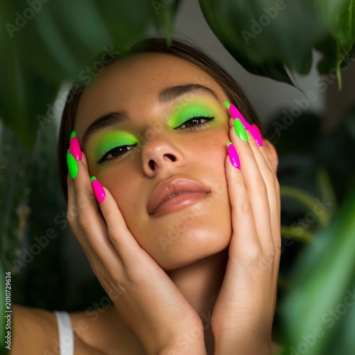 Woman With Curly Hair Shows Bright Nail Colors in a Vibrant Setting With Colo...