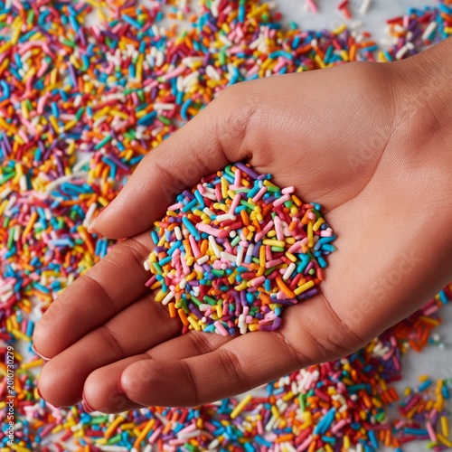 Colorful Sprinkles in a Hand on a Surface Covered With More Sprinkles During ...