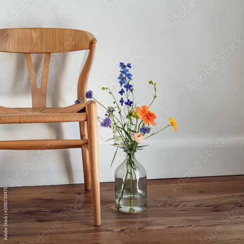 Wooden Chair Next to Small Table With a Flower Vase in a Modern Room Setting
