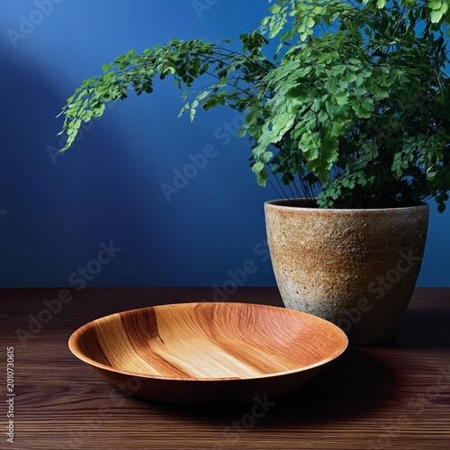 Bowl and Plant on Wooden Table With Blue Wall in Background During Daytime