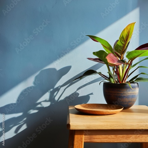 Plant Sits on Wooden Table With Bowl Under Bright Light and Blue Wall in the ...