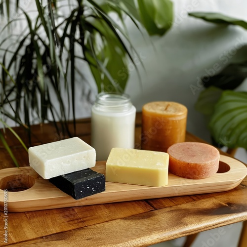 Natural Handmade Soaps and Candles Displayed on Wooden Tray With Plants in Ba...