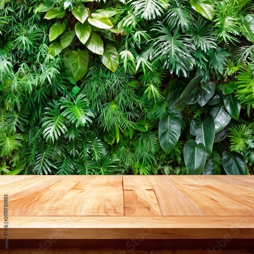 Wooden Table Surrounded by Green Plants in a Tropical Garden During Daylight