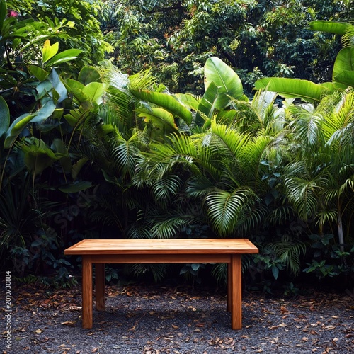 Wooden Table Surrounded by Green Plants in a Tropical Garden During Daylight
