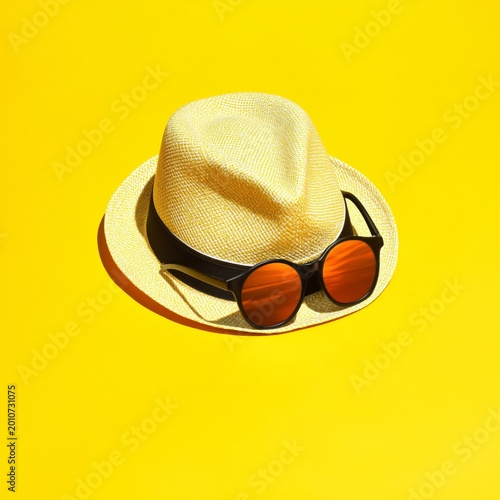 Yellow Background Features a Straw Hat and Sunglasses on Display in a Simple ...