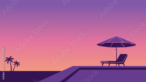 Tableau sur toile Serene tropical poolside lounge chair and umbrella at sunset with palm trees