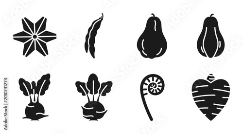 Schilderij op canvas 8 Vegetable silhouette icons star anise kohlrabi pear fern, solid black style, o