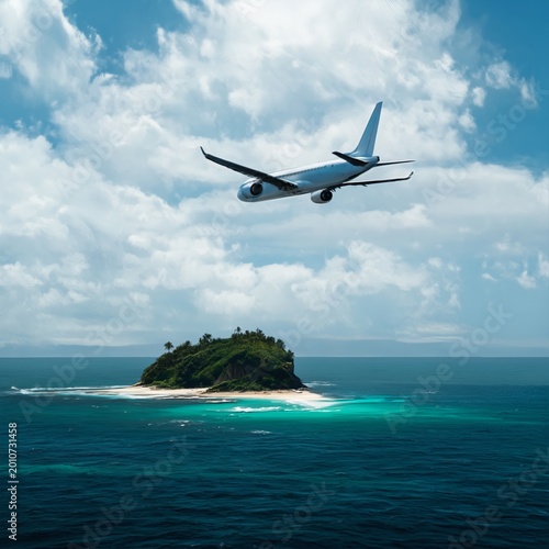 Plane Flies Over Small Island in Clear Blue Waters on Sunny Day With Clouds