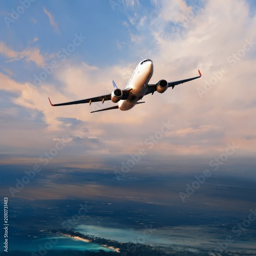 Airplane Flying Above the Ocean During Sunset With Colorful Sky and Soft Clouds
