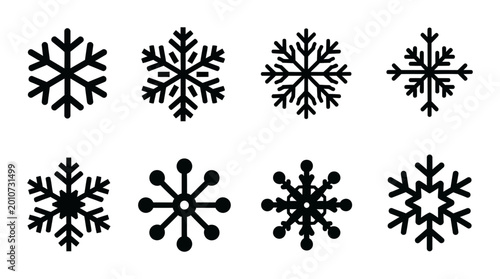 Bild auf Leinwand 8 Snowflake silhouette icons winter ice crystals, solid black style, christmas h