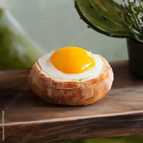 Food Dish With Egg Yolk Placed on a Round Pastry Served on a Wooden Board in ...