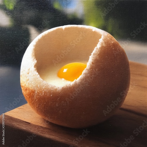Breakfast Dish With Egg in Bread Cup on Wooden Table During Daylight Near Out...