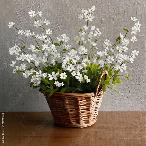 Decorative Basket With White Flowers Placed on Wooden Table Against a Plain Wall