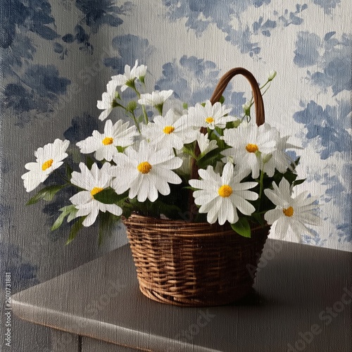 Basket With White Daisies on a Table Near a Wall With Blue Design