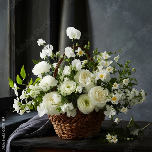 Decorative Basket With White Flowers Placed on Wooden Table Against a Plain Wall