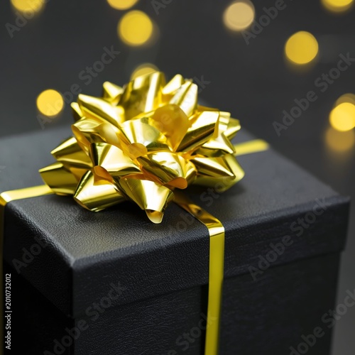 Gift Box With a Gold Ribbon Placed Near a Decorated Christmas Tree During a H...