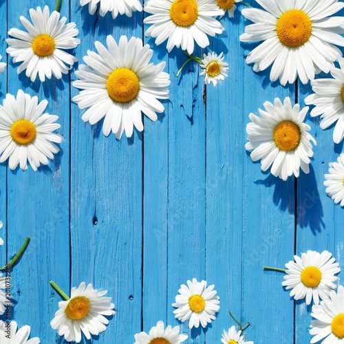 Flowers Are Arranged on a Blue Wooden Surface in Various Colors and Sizes Dur...