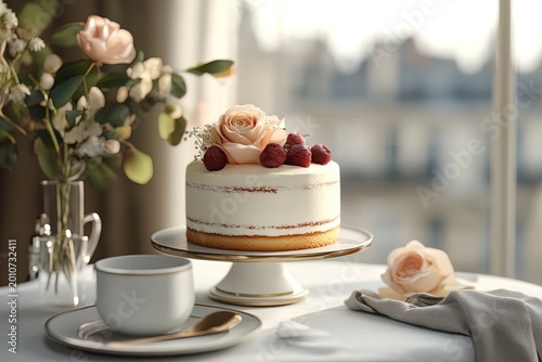 Elegant cake sits beautifully on a table adorned with flowers and soft light in a chic cafe