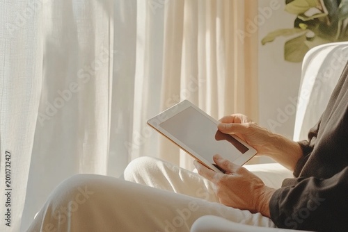 Relaxing in a sunlit room, a person enjoys reading on a tablet while basking in the gentle glow of morning light