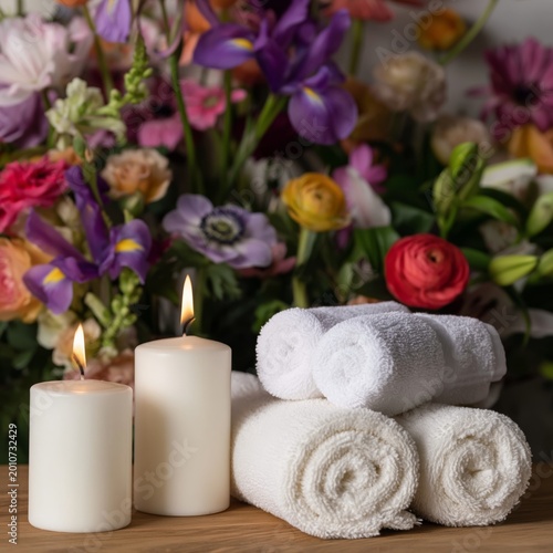 Relaxation Space With Towels and Candles Near Colorful Flowers