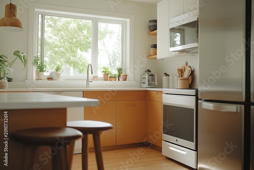 Modern kitchen filled with natural light showcasing elegant design and vibrant plants in a cozy space