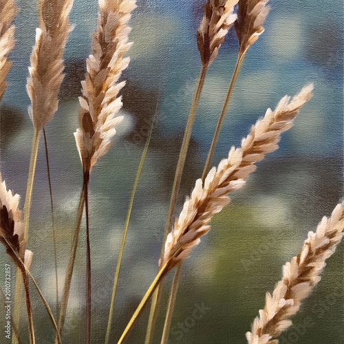 Grass Stalks Stand Tall Against a Blurred Background in Soft Light During the...