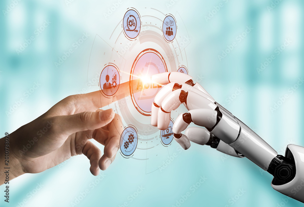 Obraz premium AI enhances agile projects with smart planning tools, virtual collaboration, and intelligent sprint optimization for continuous improvement. Artificial intelligence spline
