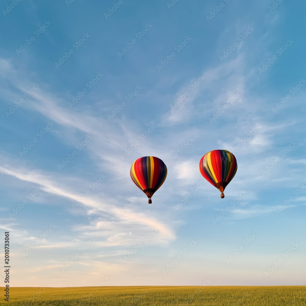 Obraz premium Colorful Hot Air Balloons Float in the Sky During a Sunny Day Above a Green Field in the Afternoon