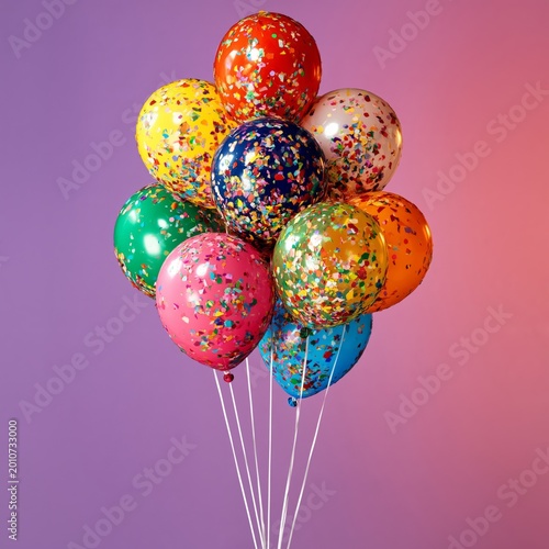 Colorful Balloons With Confetti Against a Blue Background for a Party Celebra...