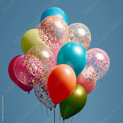 Colorful Balloons With Confetti Against a Blue Background for a Party Celebra...