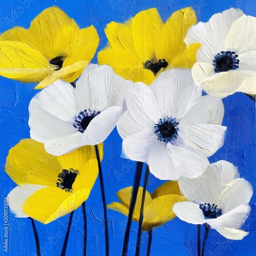 Flowers in Bright Colors With a Blue Background Stand Tall and Vibrant in a S...