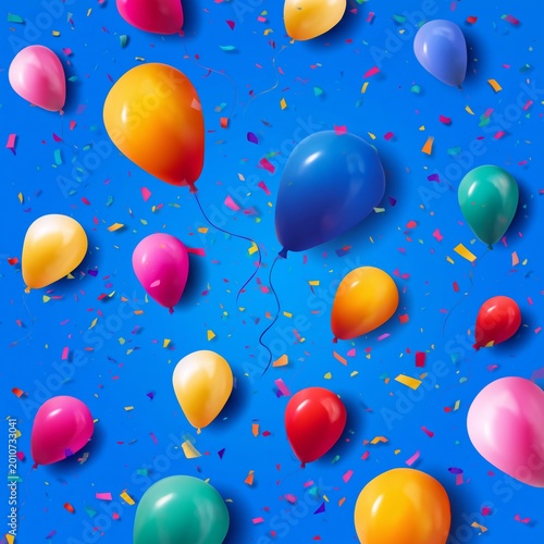 Colorful Balloons Float Against a Blue Background With Confetti During a Cele...