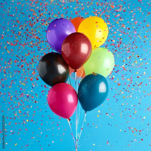 Colorful Balloons Float in the Air While Confetti Falls Around Them During a ...