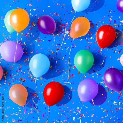 Colorful Balloons Float Against a Blue Background With Confetti During a Cele...