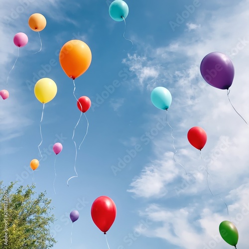 Colorful Balloons Float Against a Blue Background With Confetti During a Cele...