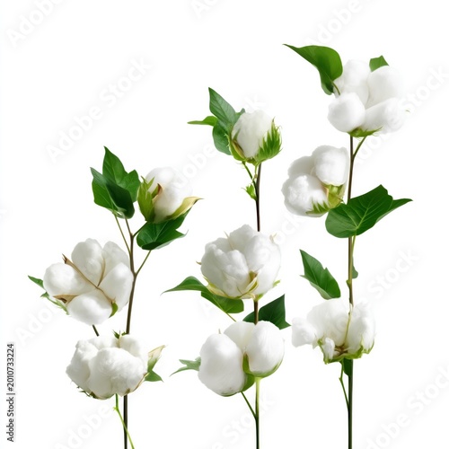 Cotton Plant Branch With White Cotton Bolls and Green Leaves on a White Backg...