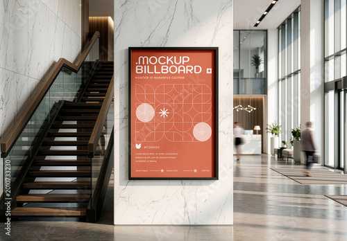 Vertical Poster Mockup In Business Center Hall. Modern Interior Wall Poster Frame